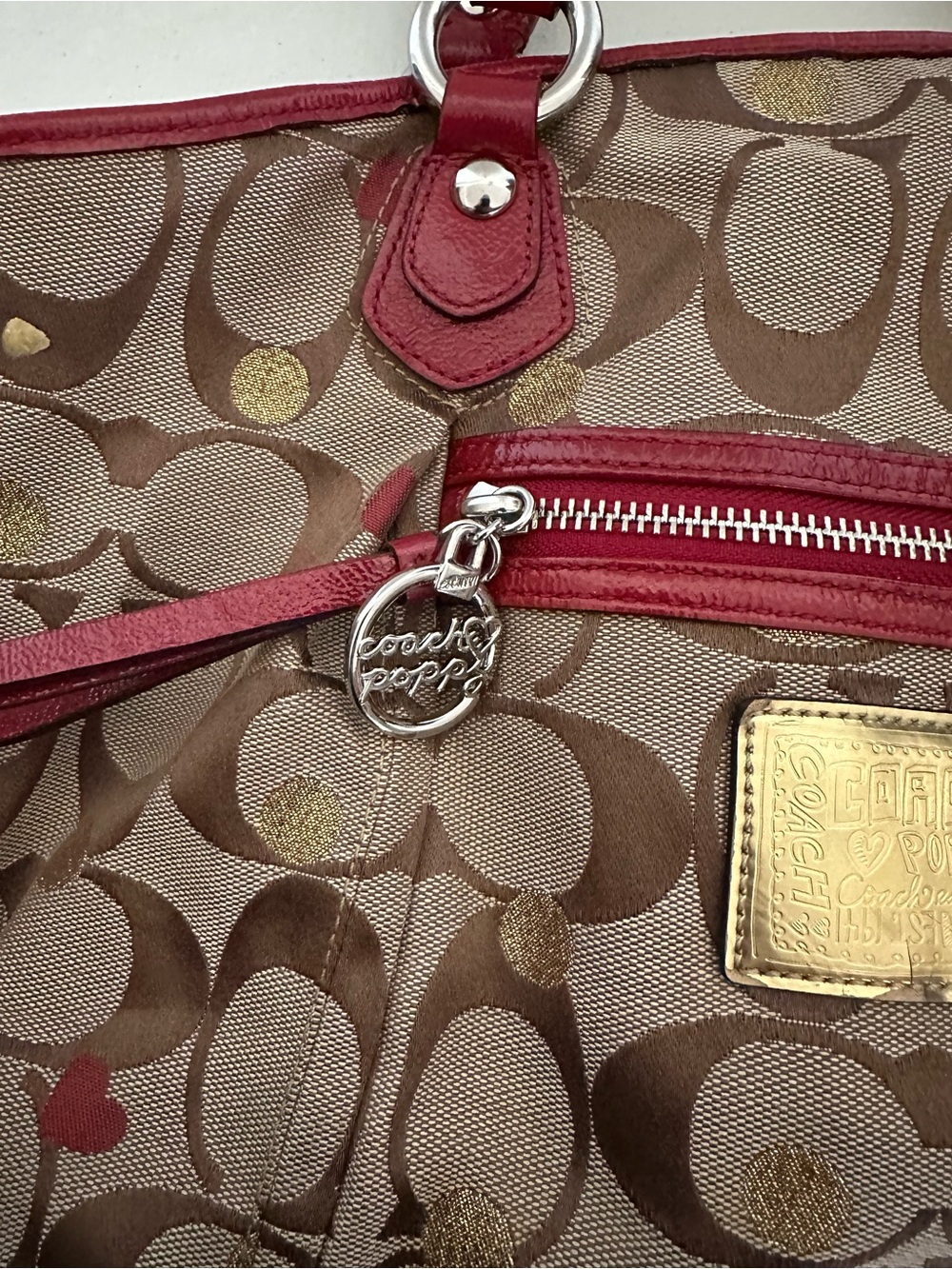 Coach Signature Heart-Print Shoulder Bag in Red and Brown with Gold Accents - Picture 2 of 10